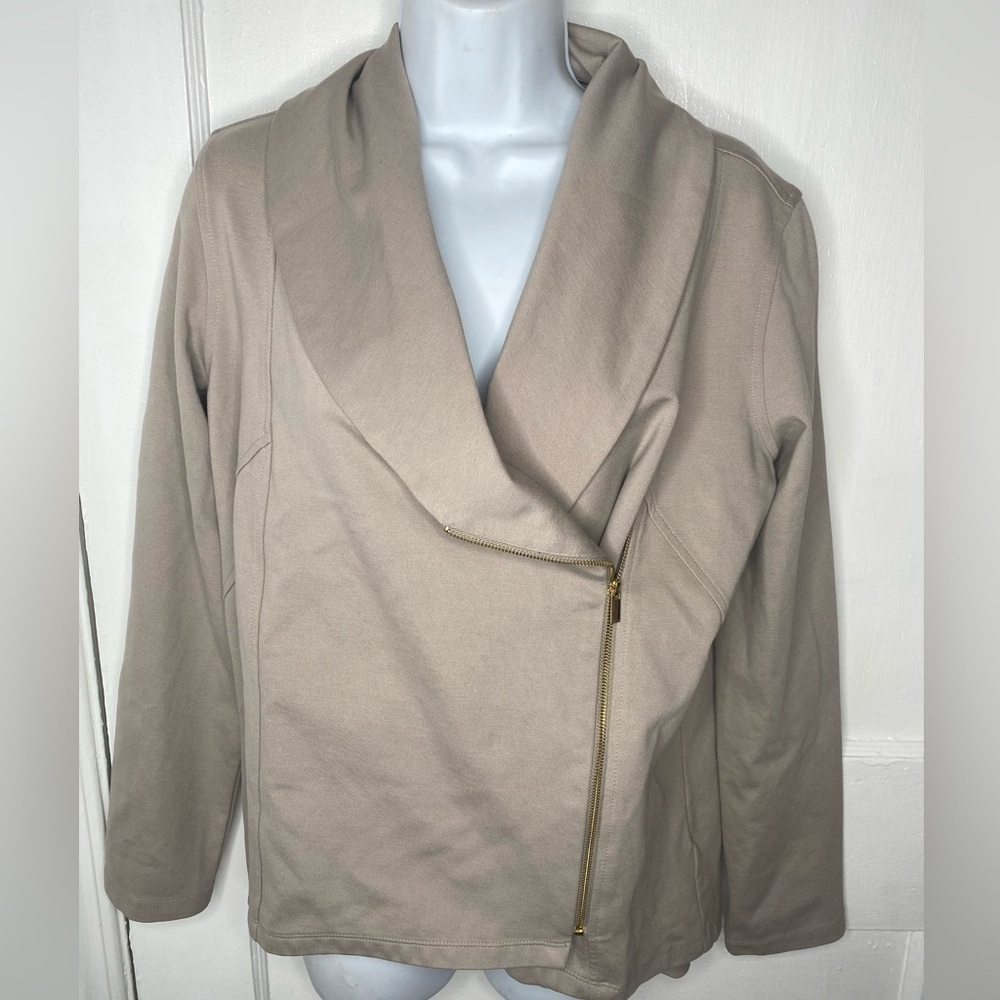 IMAN NWT Tan Global Chic Perfect Ponte Draped Beige Asymmetrical Jacket